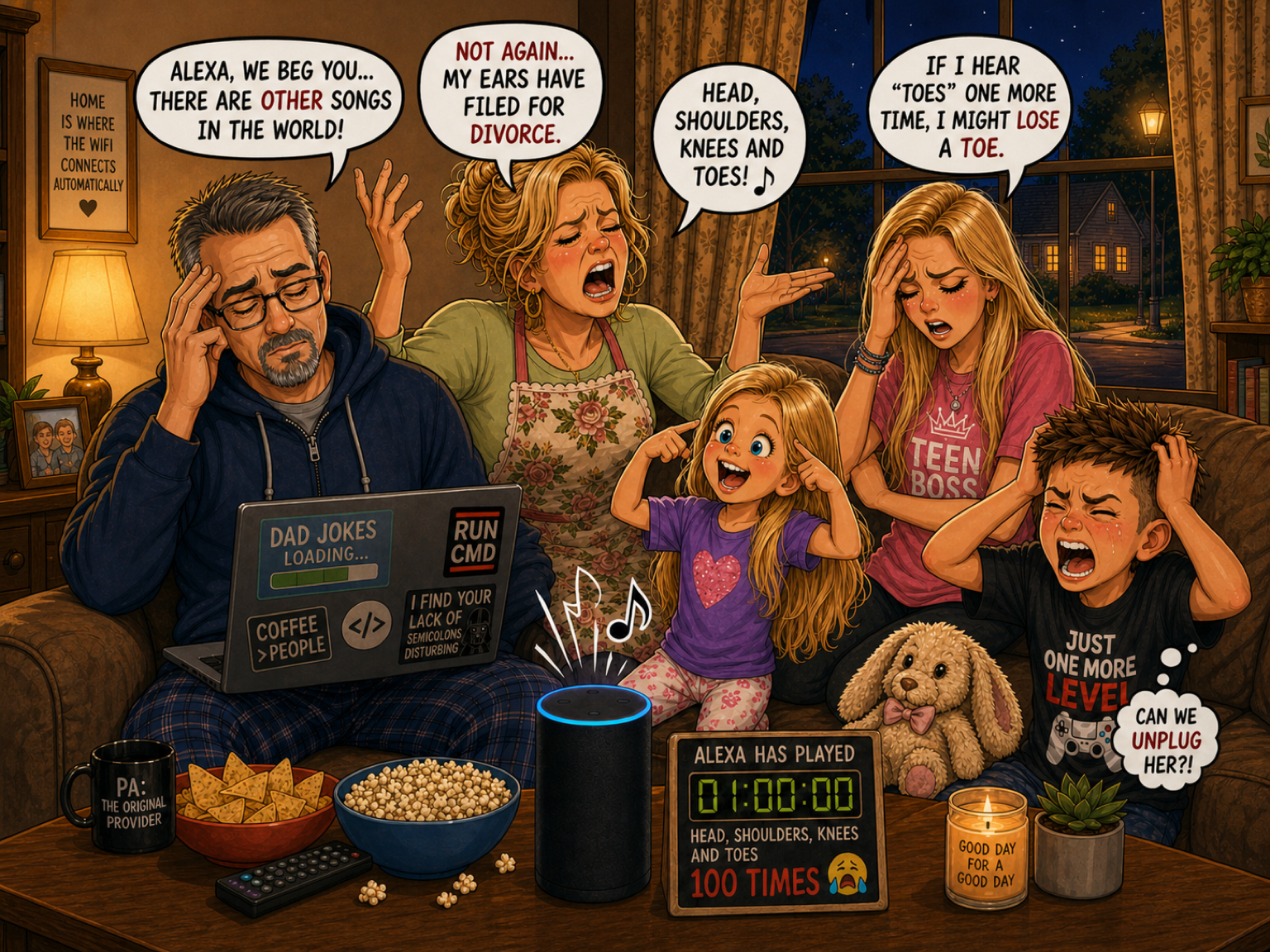 A young girl keeps playing Head, Shoulders, Knees and Toes on Alexa while everyone else loses patience.