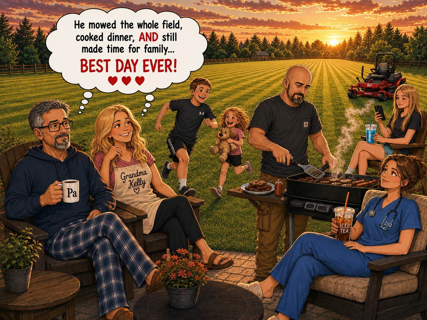Grandma Kelly and Pa relax in lawn chairs at sunset while Dad grills burgers nearby, Mom rests in scrubs, and the grandkids play in a huge freshly mowed field. Grandma Kelly thinks, 'He mowed the entire field, made dinner, AND we spent time with family... Best Day Ever!'