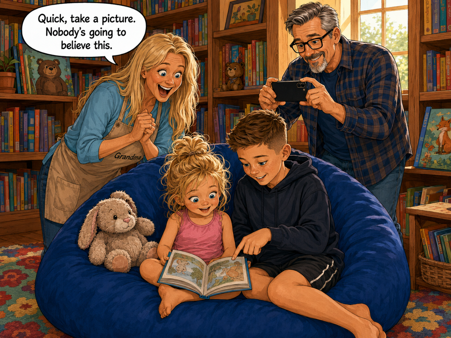 Kid-3 and Kid-2 sit together peacefully on a large blue beanbag in a children’s library, smiling as they share a colorful picture book. Kid-3 is barefoot with her stuffed bunny beside her, while Kid-2 points at the page. Grandma Kelly, wearing an apron labeled Grandma, and Pa peek around a bookshelf. Pa holds up his phone as Grandma says, 'Quick, take a picture. Nobody’s going to believe this.'