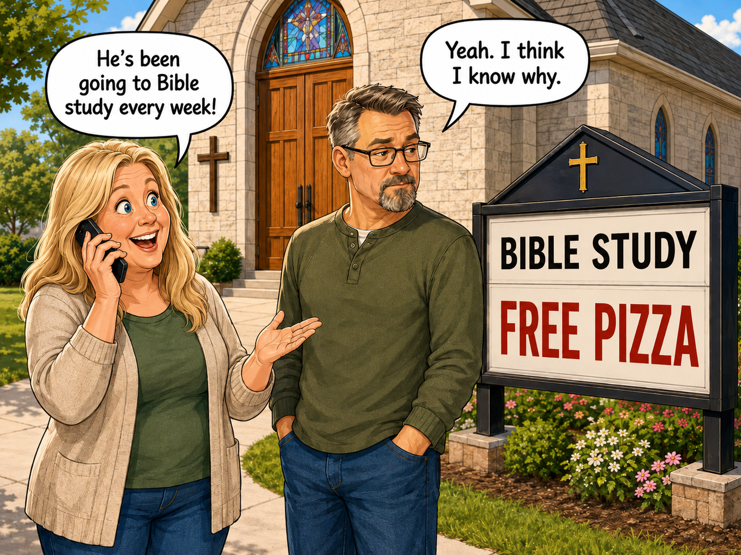 Outside a church, Grandma smiles proudly while talking on her phone and says, 'He’s been going to Bible study every week!' Pa stands beside her looking knowingly at a church sign that reads 'BIBLE STUDY' and 'FREE PIZZA.' Pa replies, 'Yeah. I think I know why.'