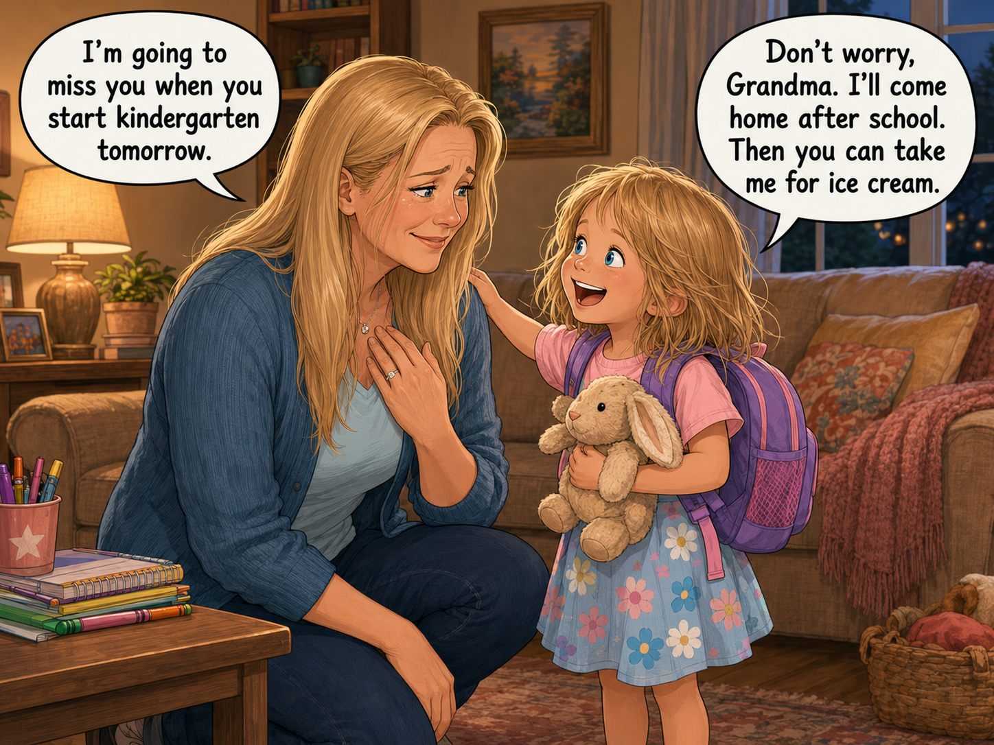 In a cozy living room, Grandma kneels beside five-year-old Hazel, who is wearing a purple backpack and holding her stuffed bunny. A teary-eyed Grandma says, 'I’m going to miss you when you start kindergarten tomorrow.' Hazel rests a reassuring hand on Grandma’s shoulder and replies, 'Don’t worry, Grandma. I’ll come home after school. Then you can take me for ice cream.'