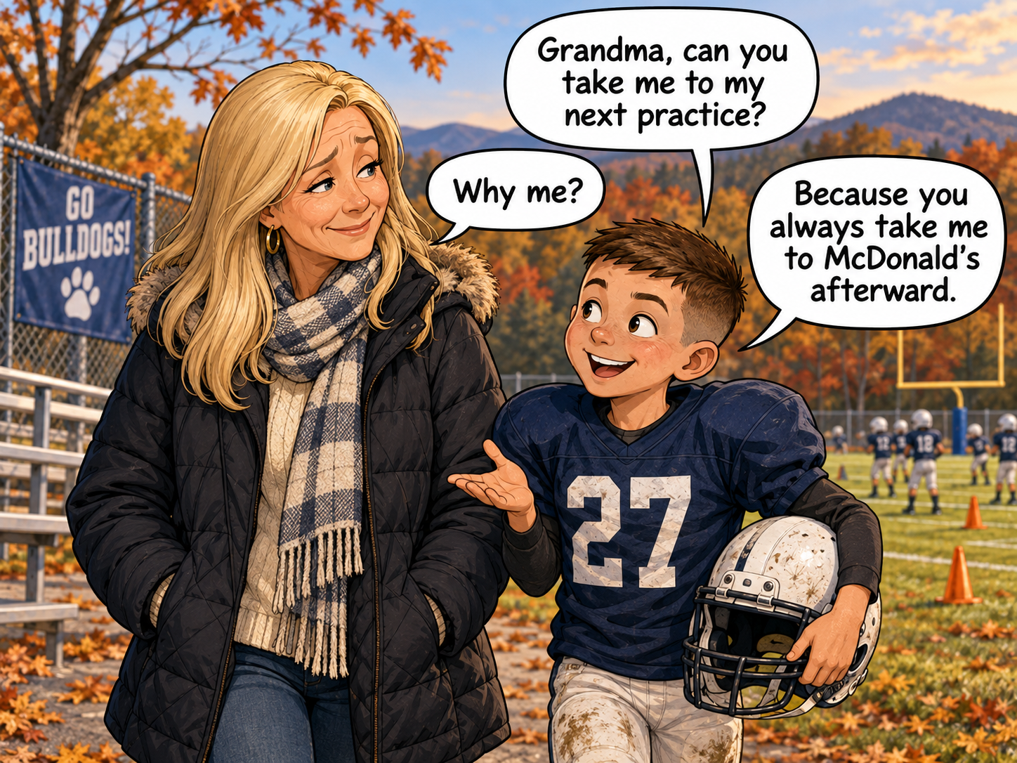 On a chilly autumn afternoon at a football field, Grandma walks beside Kid-2 while wearing a warm coat and scarf. Kid-2, still dressed in his football uniform and carrying his helmet, asks, 'Grandma, can you take me to my next practice?' Grandma asks, 'Why me?' Kid-2 cheerfully replies, 'Because you always take me to McDonald’s afterward.'