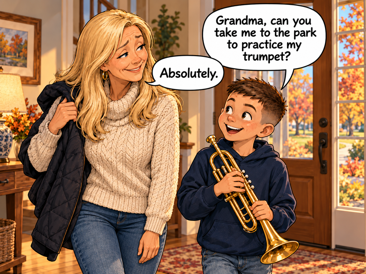 In a cozy living room, kid-2 wears a navy hoodie and holds a brass trumpet. He asks, 'Grandma, can you take me to the park to practice my trumpet?' Grandma, wearing a cream sweater and holding her coat, smiles and replies, 'Absolutely.'