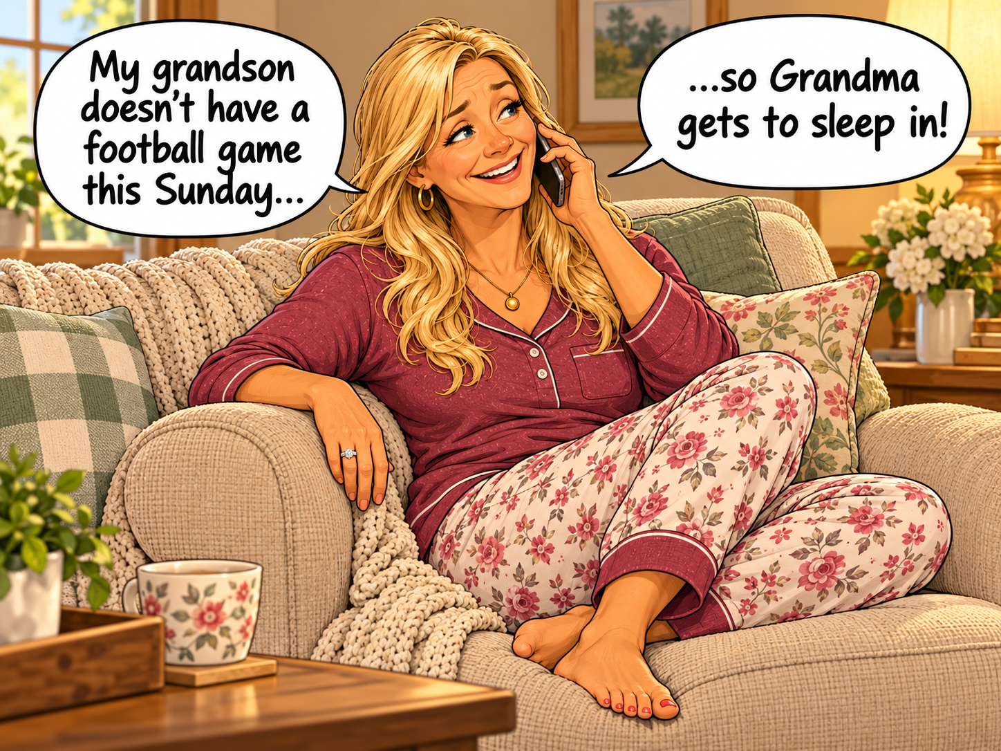 In a cozy living room, Grandma sits curled up on a couch in burgundy and floral pajamas, smiling with a phone to her ear. She says, 'My grandson doesn’t have a football game this Sunday…' followed by, '…so Grandma gets to sleep in!'