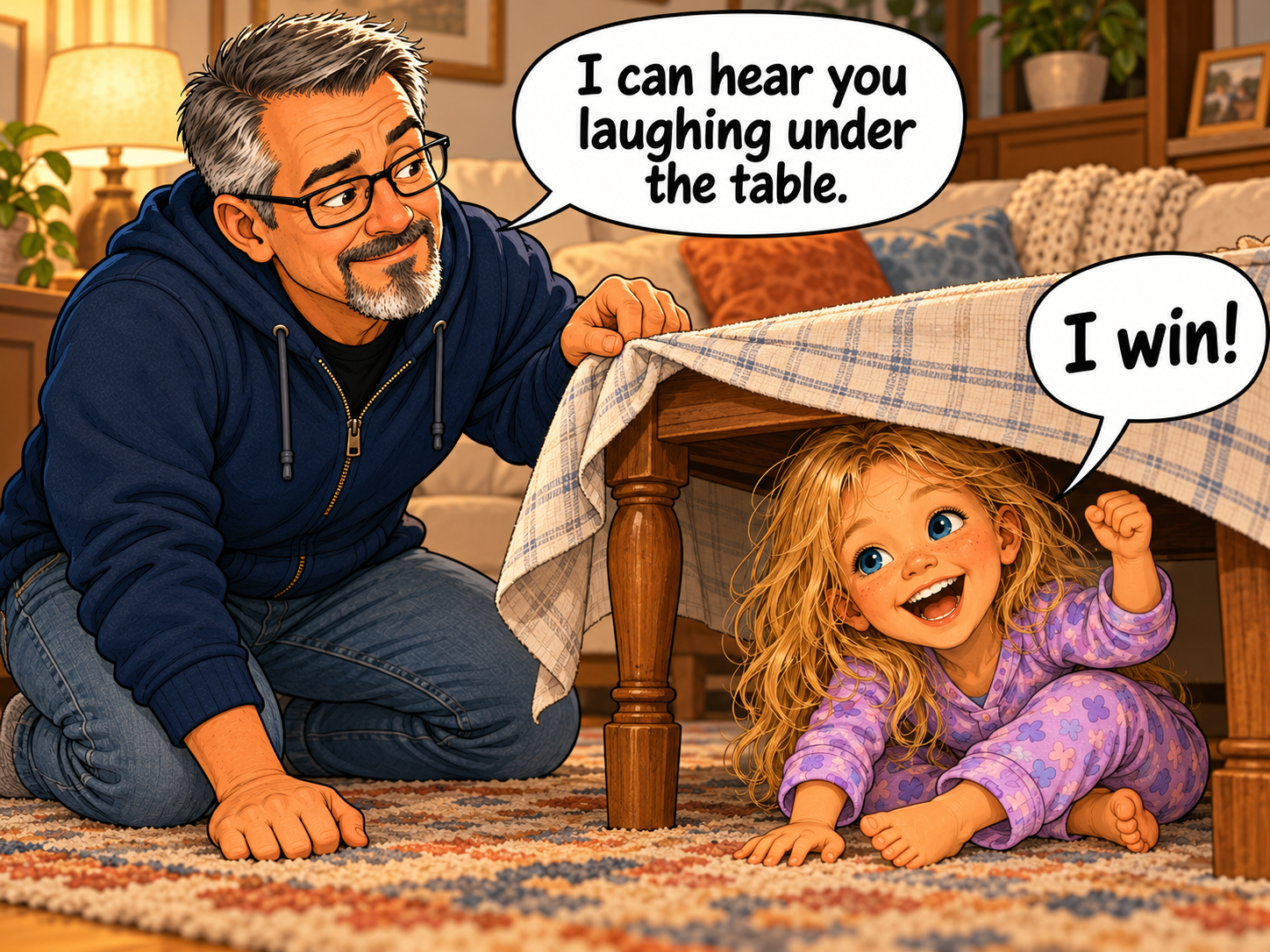 In a cozy living room, Pa kneels beside a table and lifts the tablecloth to find Kid-3 giggling underneath. She raises a triumphant fist and says, “I win!” Pa smiles and says he can hear her laughing under the table.