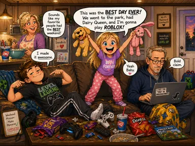 A young girl declares it the best day ever after going to the park, having Dairy Queen, and planning to play Roblox.
