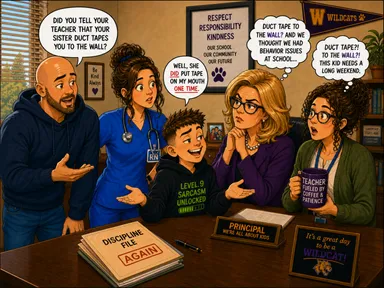 A boy explains to Mom, Dad, the principal, and a teacher that his sister only put tape on his mouth one time.