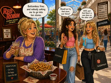 Grandma enjoys bottomless fries at Red Robin while a girl and her friend shop at the mall.