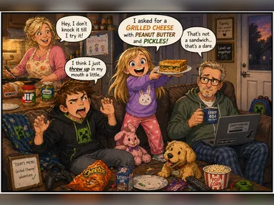 A young girl proudly asks for a grilled cheese with peanut butter and pickles while Pa and a boy react in horror.