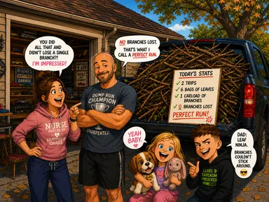 Dad proudly celebrates a perfect dump run after hauling branches without losing any, while Mom and the kids react.