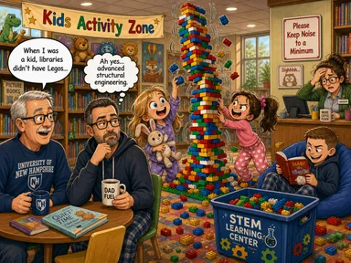 In a children's library, Pa drinks coffee while kids build a dangerously tall, wobbling Lego tower under a 'STEM Learning Center' sign, ignoring a 'Please keep noise to a minimum' sign.