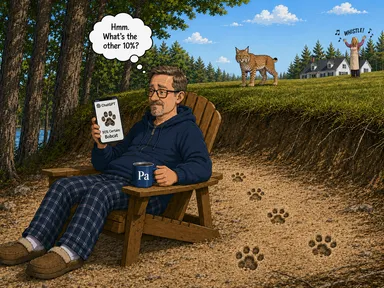 Pa sits in an Adirondack chair by the river looking at his phone, which says '90% certainty: Bobcat.' He thinks, 'Hmm. What's the other 10%?' Several bobcat paw prints are visible in the dirt near his chair. A real bobcat stands in the field above him while Grandma whistles and waves from far away near a white Cape-style house.