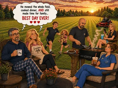 Grandma Kelly and Pa relax in lawn chairs at sunset while Dad grills burgers nearby, Mom rests in scrubs, and the grandkids play in a huge freshly mowed field. Grandma Kelly thinks, 'He mowed the entire field, made dinner, AND we spent time with family... Best Day Ever!'
