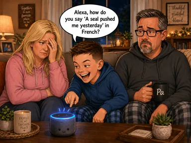 Grandson sits on the couch laughing as he asks Alexa, 'How do you say A seal pushed me yesterday in French?' Grandma Kelly looks embarrassed and frustrated while Pa sits nearby with a deadpan expression holding his Pa mug. An Alexa device glows blue on the coffee table.