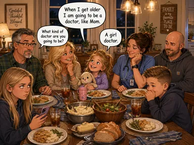 The family sits around the dinner table during a cozy evening meal. Kid-3 smiles proudly and says she wants to be a doctor like Mom. Pa asks what kind of doctor she wants to be, and Kid-3 replies, 'A girl doctor,' while Mom looks amused, Grandma Kelly looks delighted, Kid-2 tries not to laugh, and Kid-1 rolls her eyes.