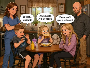 In the kitchen, Kid-3 proudly eats a mustard-and-cheese sandwich while Kid-2 recoils and asks, 'Is that... mustard?' Kid-3 replies, 'And cheese. It’s my recipe!' Kid-1 looks horrified and says, 'Please don’t open a restaurant.' Mom watches with tired amusement while Dad quietly observes.