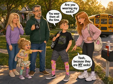 Grandma Kelly, Pa, Kid-1, and Kid-3 wait at the end of the driveway as Kid-2 gets off the school bus wearing Kid-1's bright, obvious socks. Kid-1 points at his feet and asks, 'Are you wearing my socks?' Kid-2 smugly replies, 'You wear them all the time.' Kid-1 answers, 'Yeah, because they are MY socks!' while Grandma Kelly tries not to laugh, Pa watches deadpan with his Pa mug, and Kid-3 points excitedly while holding her stuffed bunny.