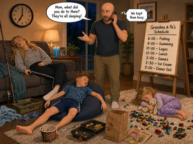 Dad stands in the living room holding his phone and looking baffled at all three children asleep by 7:00 PM. Kid-1 is slumped asleep on the couch beside her phone and blue raspberry drink, Kid-2 is sprawled across a beanbag, and Kid-3 is curled up on the rug hugging her stuffed bunny near scattered Legos. A large easel shows Grandma and Pa's packed schedule of fishing, swimming, Legos, lunch, games, ice cream, and dinner out. Dad asks, 'Mom, what did you do to them? They're all sleeping!' and Grandma replies through the phone, 'We kept them busy.'