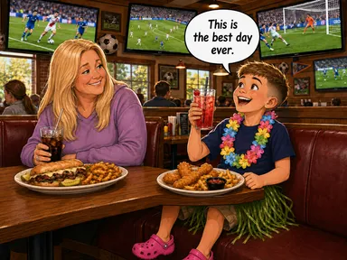 Grandma Kelly and Kid-2 sit together in a bright, family-friendly sports restaurant with several televisions showing soccer matches. Kid-2 wears a colorful lei, a grass skirt over shorts, and bright pink Crocs while holding a red Shirley Temple with cherries. His plate of chicken fingers and fries sits on the table, and he says, 'This is the best day ever.' Grandma Kelly smiles warmly beside him with a dark cola and a steak-and-cheese sandwich.