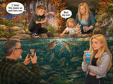 Kid-2 and Kid-3 stand with Grandma Kelly on the rocky upper ledge of a giant indoor fish tank, dropping food to the fish gathering below. Kid-2 grins and says, 'I think this means we work here now,' while Kid-3 excitedly replies, 'Best day ever.' Down beside the viewing glass, Pa takes pictures with his phone while Kid-1 holds a bright blue Dunkin drink and watches the feeding fish with a grossed-out expression.
