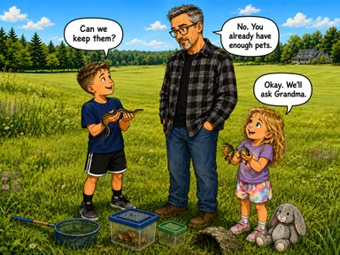 In a huge sunny backyard field, Kid-2 proudly holds a small garter snake while Kid-3 holds two frogs. A container of toads, a net, and Kid-3's stuffed gray bunny sit in the grass nearby. Kid-2 asks, 'Can we keep them?' Pa calmly replies, 'No. You already have enough pets.' Kid-3 cheerfully answers, 'Okay. We'll ask Grandma.'