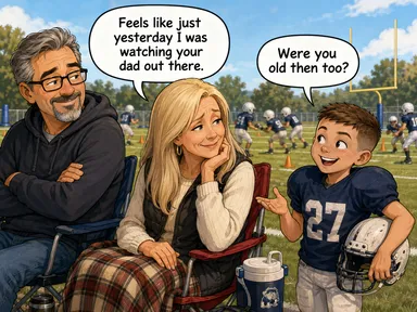 At a youth football practice, Pa and Grandma sit along the sideline while Kid-2 stands nearby in his football uniform holding his helmet. Grandma looks at Kid-2 and says, 'Feels like just yesterday I was watching your dad out there.' Kid-2 replies, 'Were you old then too?' Pa looks on with an amused expression while other young football players practice in the background.