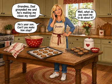 In a cozy kitchen, Grandma stands alone baking and talking on the phone while wearing an apron labeled 'Grandma.' A grandchild on the phone says, 'Grandma, Dad grounded me and he’s making me clean my room!' Grandma replies, 'Well, what do you want me to do about it?' The grandchild answers, 'He’s your son. Can’t you make him stop?'