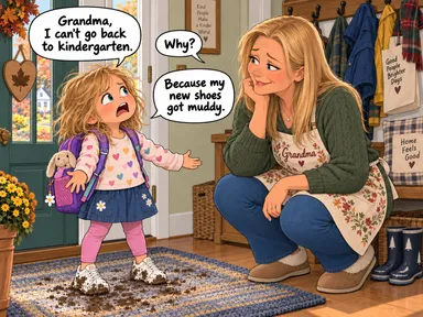 In a cozy autumn entryway, kid-3 stands on the left wearing a backpack and muddy white sneakers while Grandma crouches on the right wearing an apron labeled 'Grandma.' Kid-3 says, 'Grandma, I can’t go back to kindergarten.' Grandma asks, 'Why?' Kid-3 replies, 'Because my new shoes got muddy.'