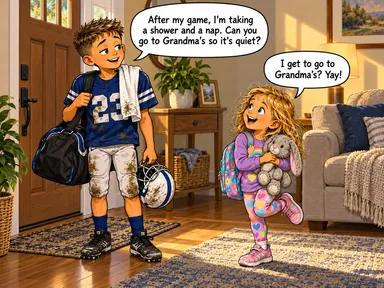 In a cozy living room, kid-2 stands in his football uniform with a gear bag and helmet while kid-3 hugs a stuffed bunny and wears a backpack. Kid-2 says, 'After my game, I’m taking a shower and a nap. Can you go to Grandma’s so it’s quiet?' Kid-3 excitedly replies, 'I get to go to Grandma’s? Yay!'